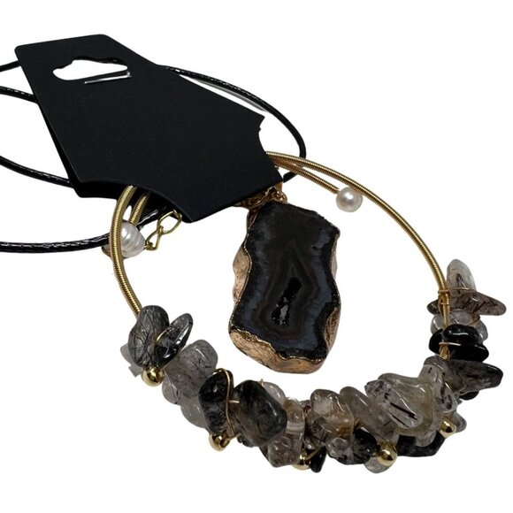 Black Agate Tourmalinated Quartz Bracelet and Necklace Bundle Jewelry Set - Picture 3 of 11